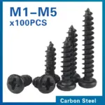 *🔩 סט 100 ברגי הברגה עצמית פיליפס – פלדת פחמן שחורה*